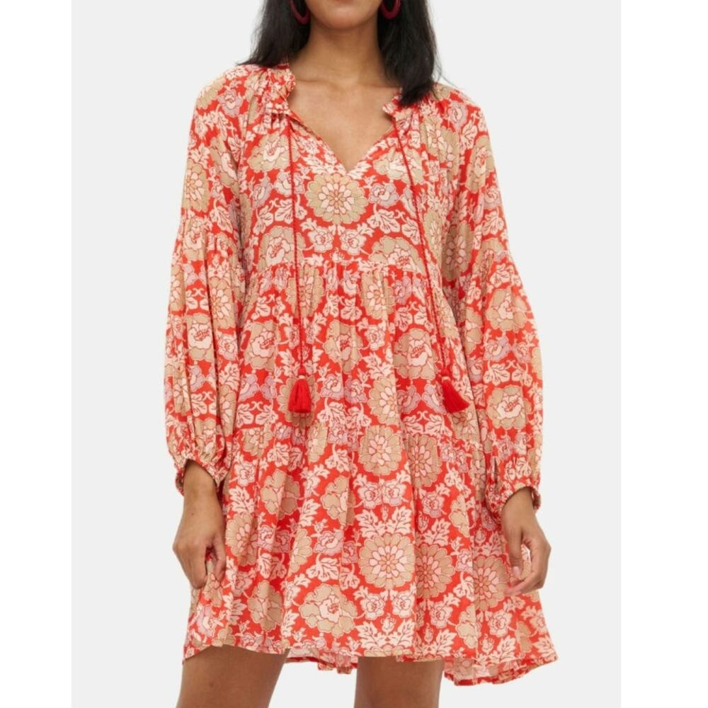 Oliphant Balloon Sleeve Short Dress Red Floral Tassle Long Sleeve Size Medium